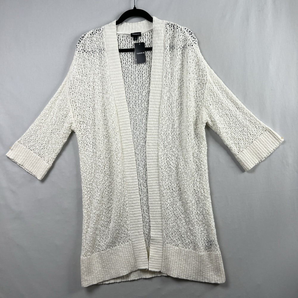 Torrid 1 Kimono Cardigan Sweater size 1X Topper White Loose Knit Boho Hippie NEW
